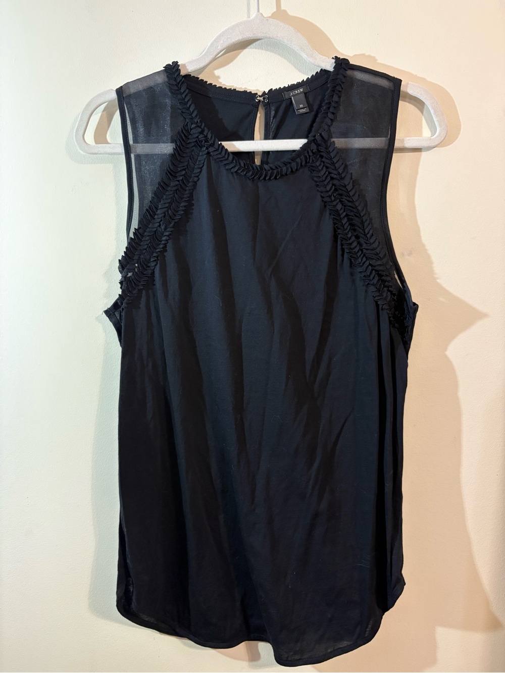 J.Crew black sleeveless blouse women’s Medium sheer delicate ruffle Braided Trim